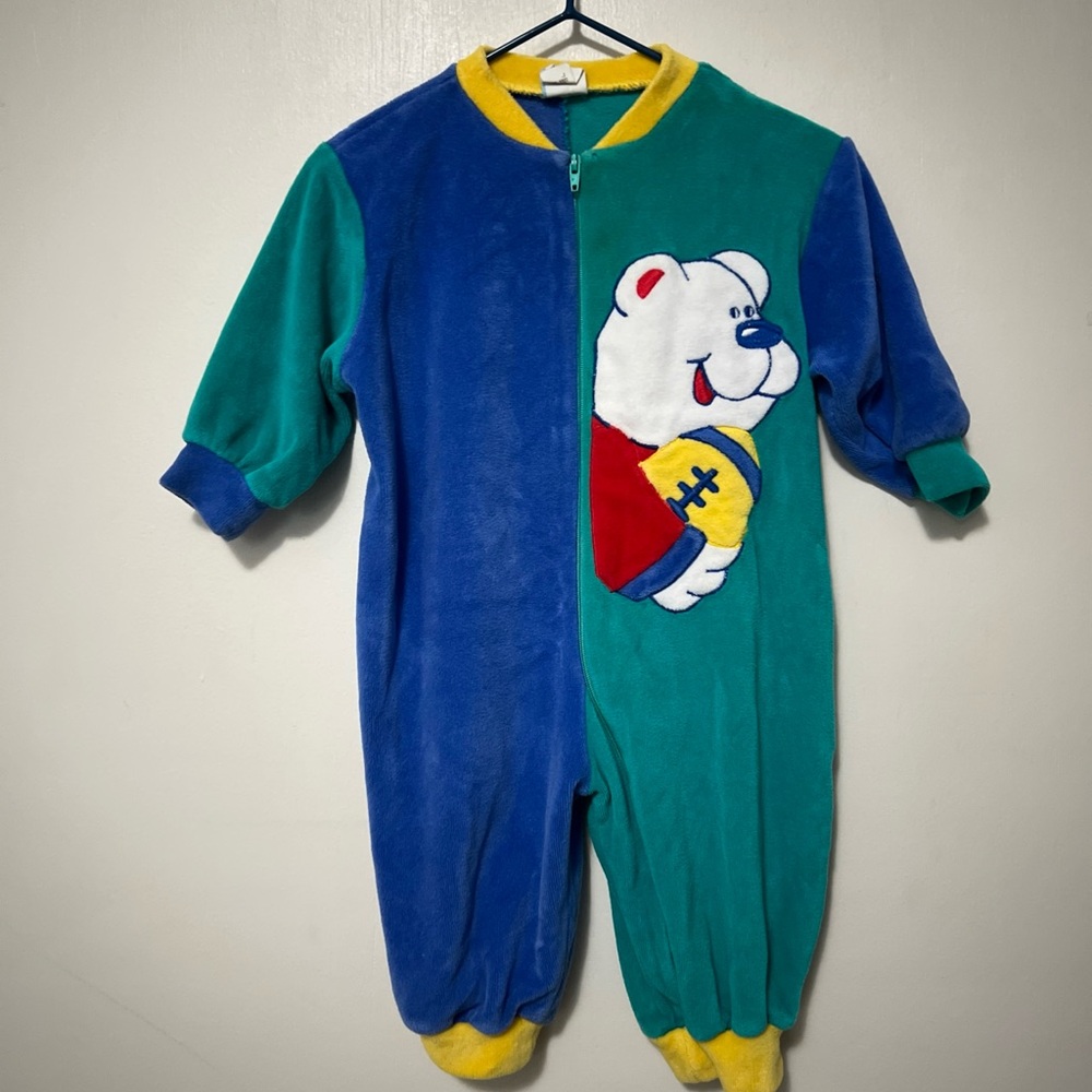 Vintage baby Color block One Piece zip up sleeper 6-9 months bear football
